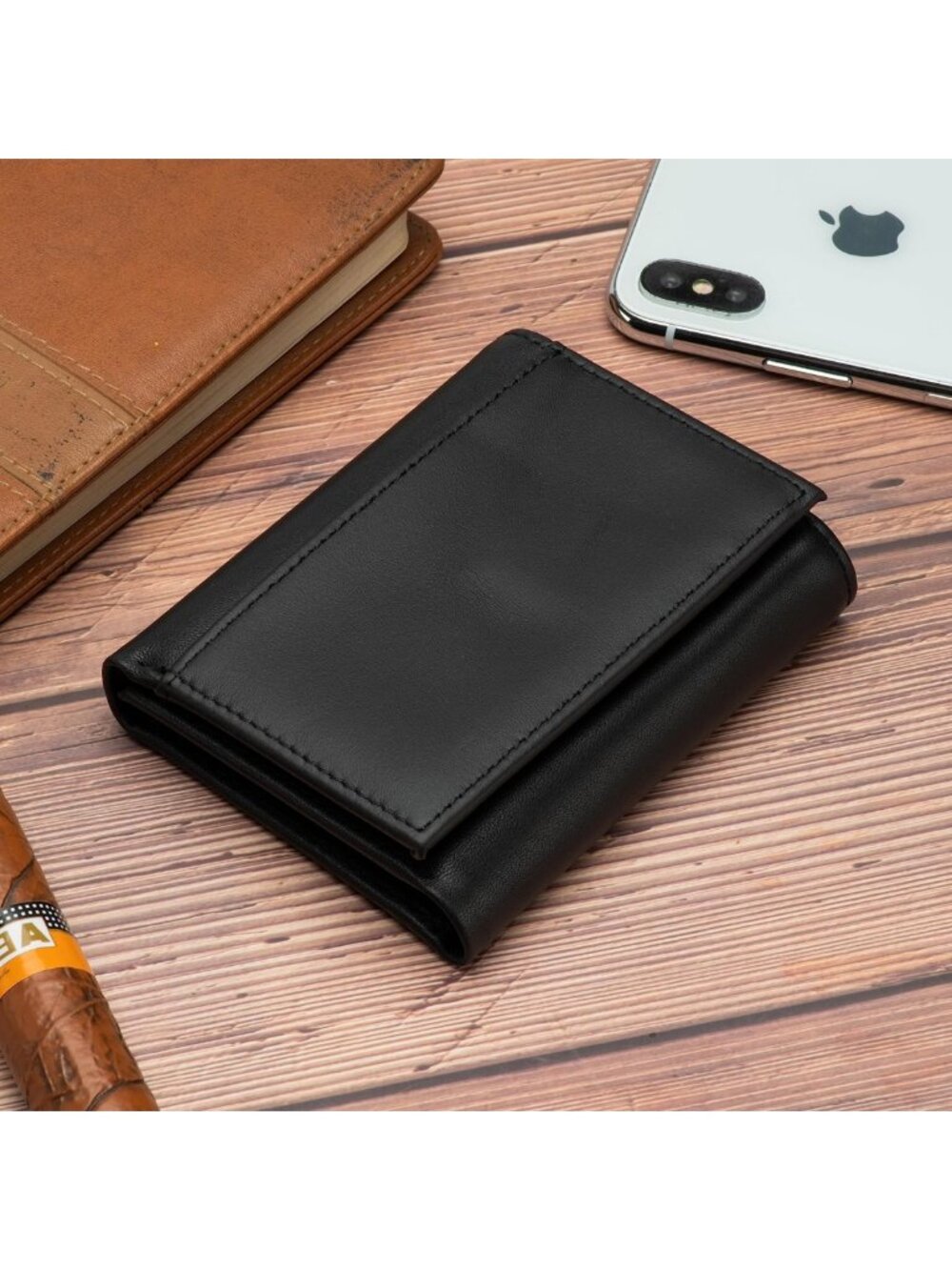 Men's RFID Blocking Trifold Leather Wallet, Genuine Leather, 3 ID Windows, Black - Picture 5 of 6